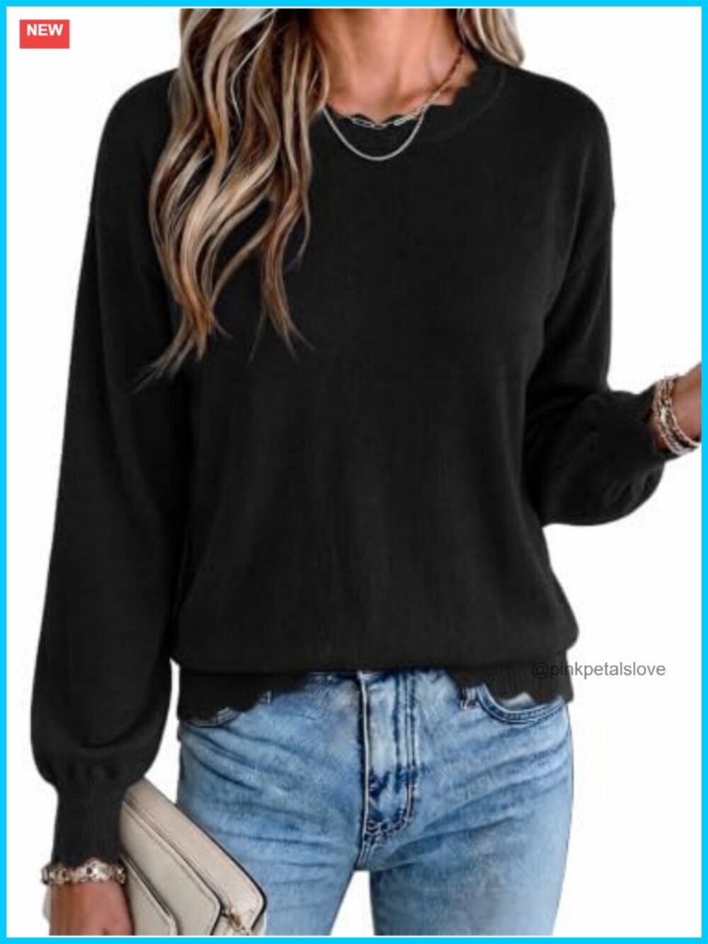 Scallop Trim Crew Neck Pullover Sweater Lightweight Long Sleeve Knit Top